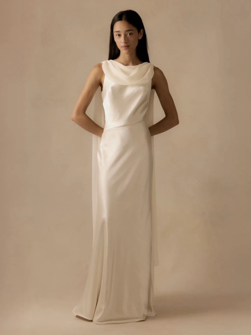 NWT 23rd & Madison Off-White Bridal Satin Open-Back Scarf Panel Wedding Gown